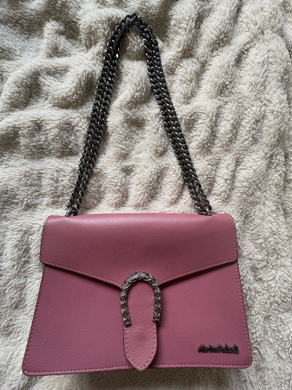 Women’s Pink Shoulder Bag with Silver Chain Strap